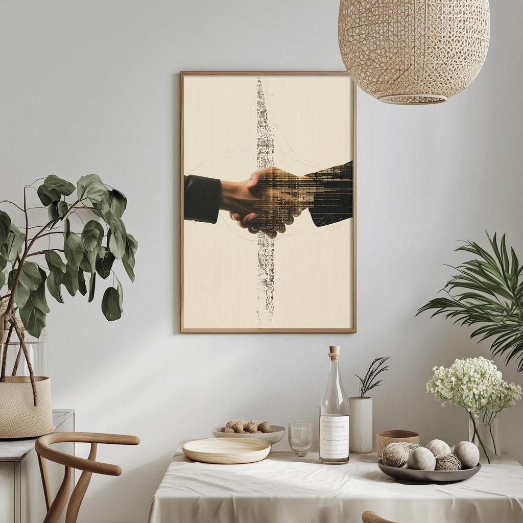 a framed artwork of two hands shaking above a dining table with various items on it, including a bottle, a bowl, and a vase.