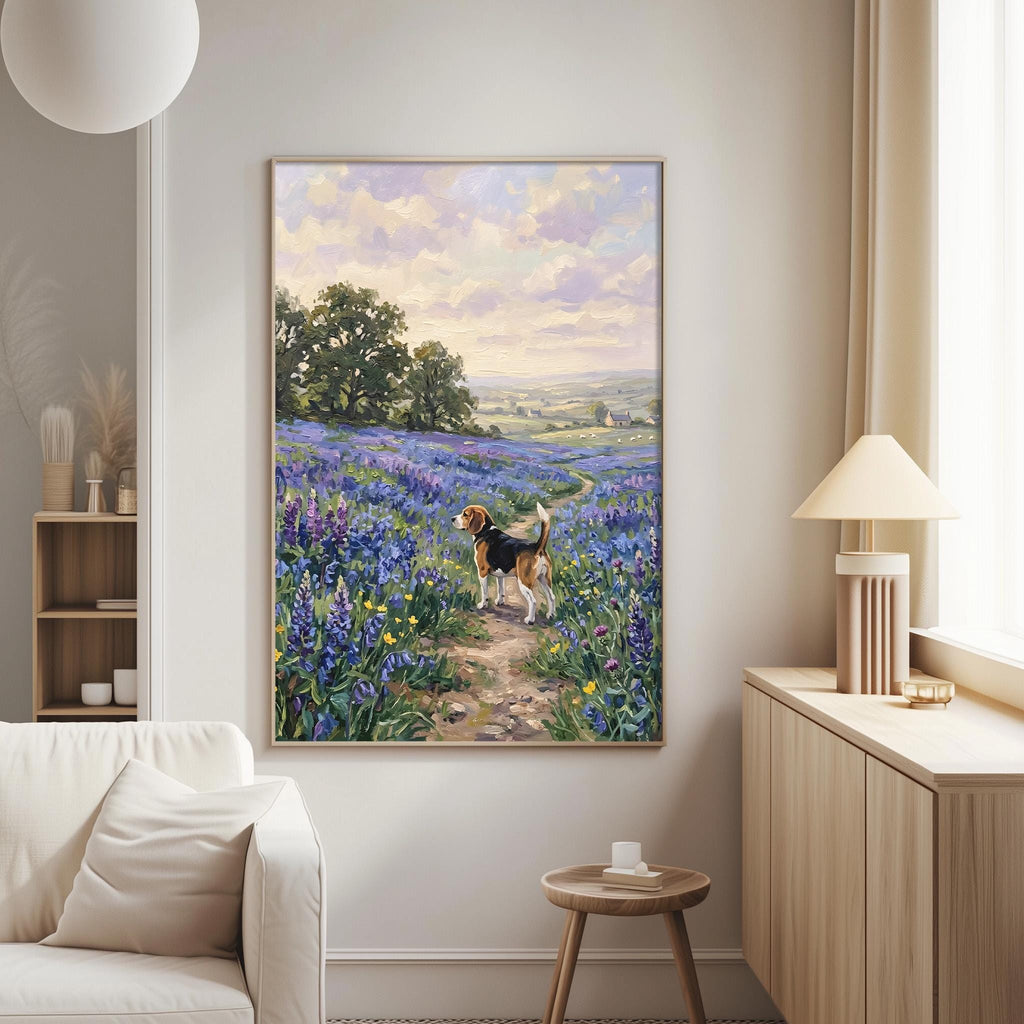 a serene scene of a dog walking through a field of purple flowers, with a picturesque landscape in the background.