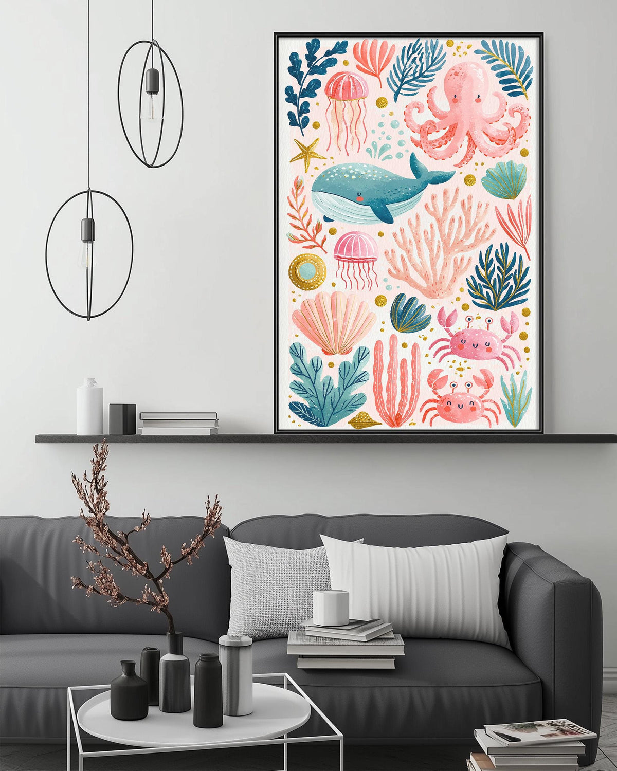 a vibrant and colorful painting of marine life, including an octopus, whale, jellyfish, and coral, hanging on a wall above a gray couch in a living room setting.