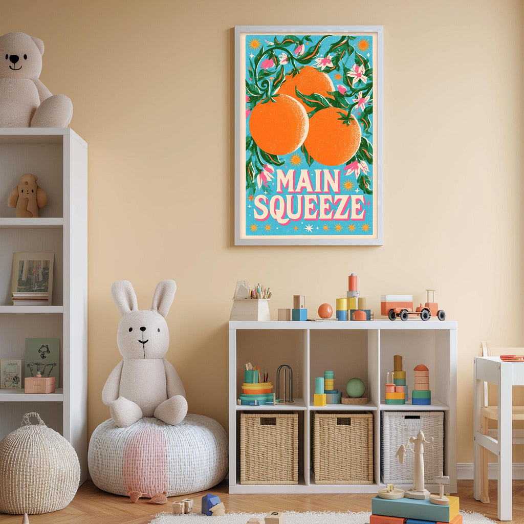 A child's bedroom with a white bookshelf, a stuffed rabbit, and a colorful poster featuring oranges and flowers hanging on the wall.