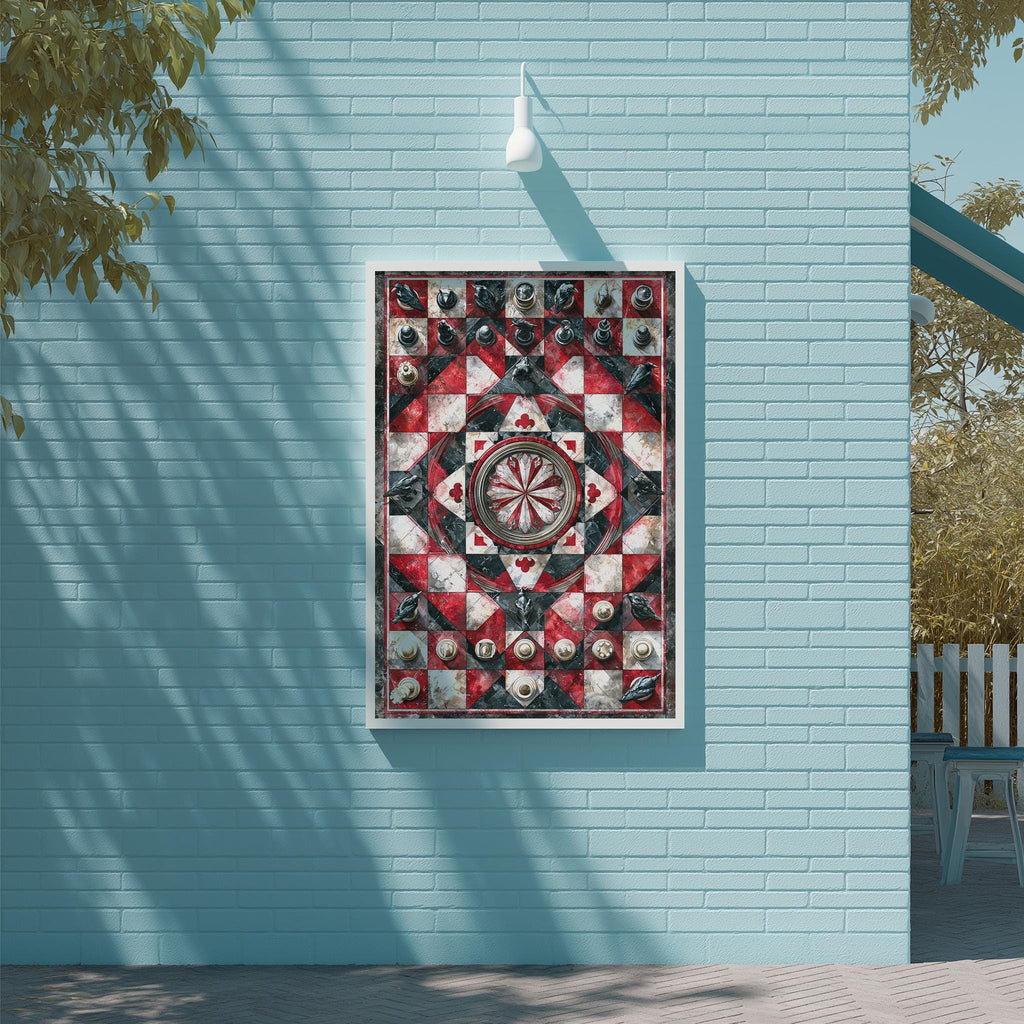 a large, colorful quilt hanging on a blue wall.
