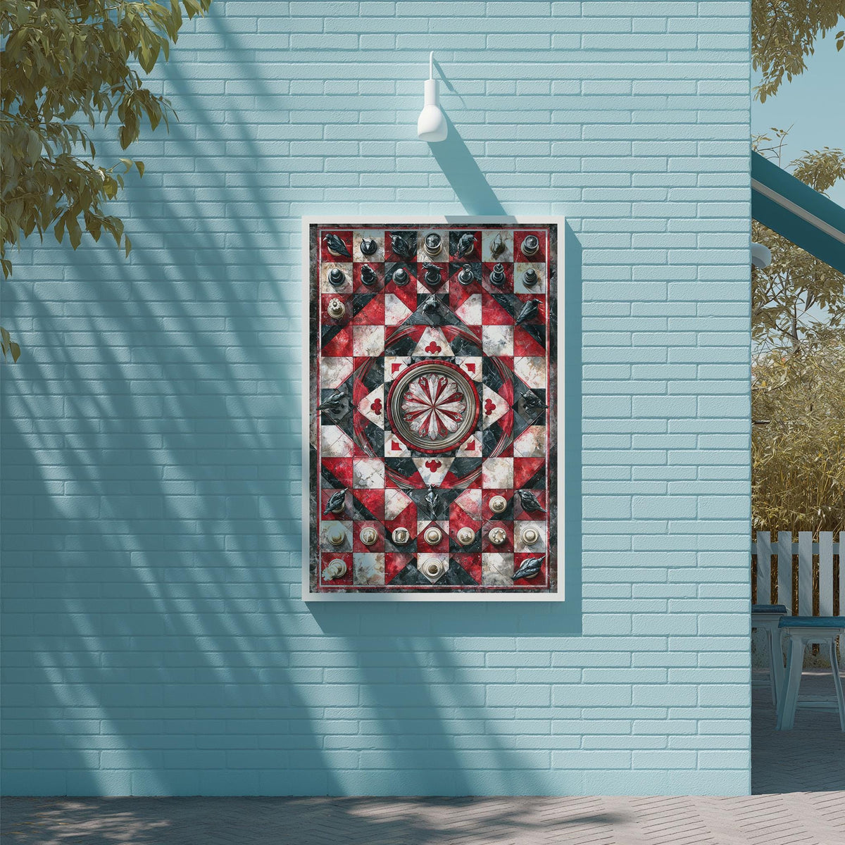 a large, colorful quilt hanging on a blue wall.
