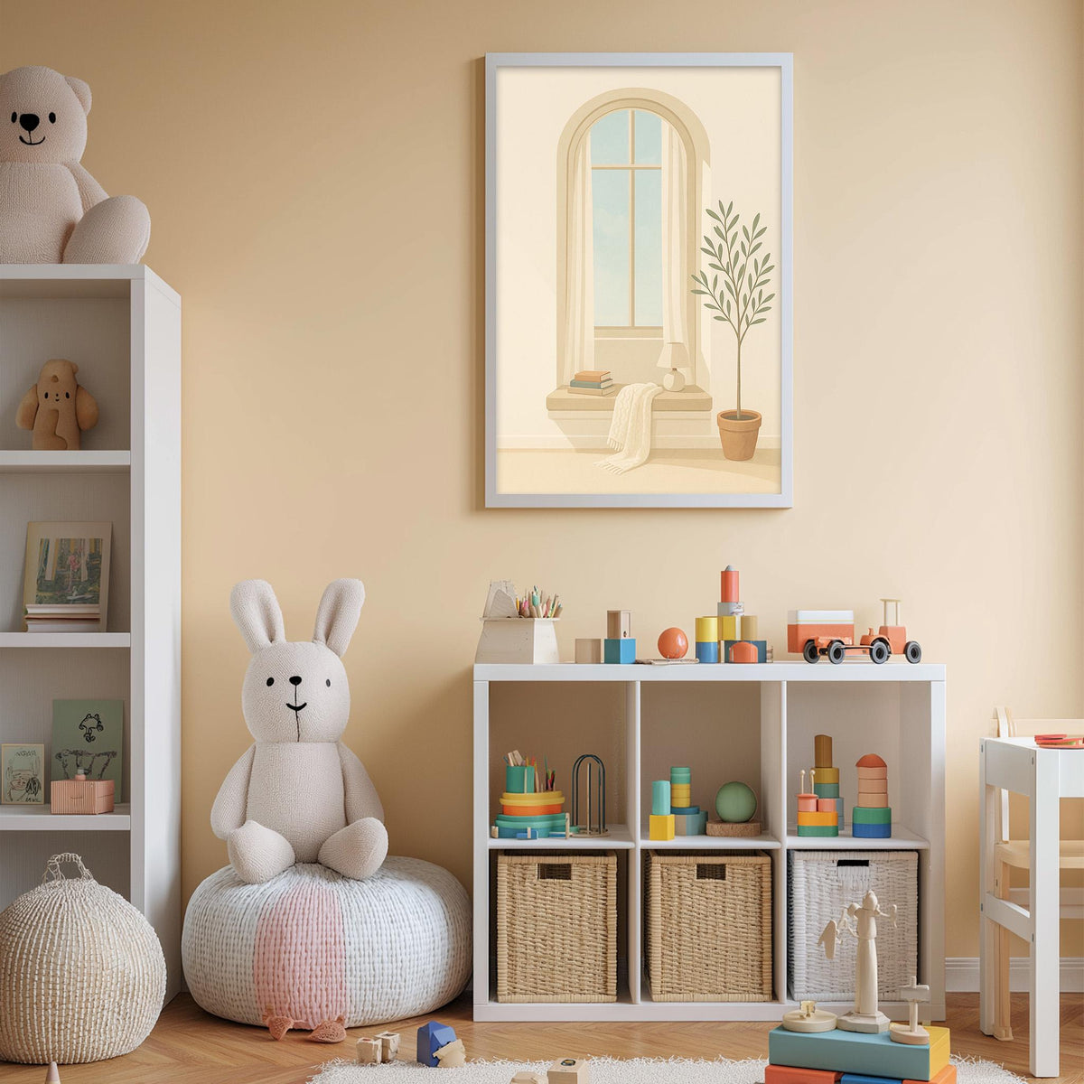 A cozy and well-organized children's playroom with a variety of toys and storage solutions. The room features a large white bookshelf, a plush rabbit, a colorful toy train, and a potted plant. A framed picture of a window and a plant adds a touch of nature to the space. The overall atmosphere is warm and inviting, with a harmonious blend of colors and textures.