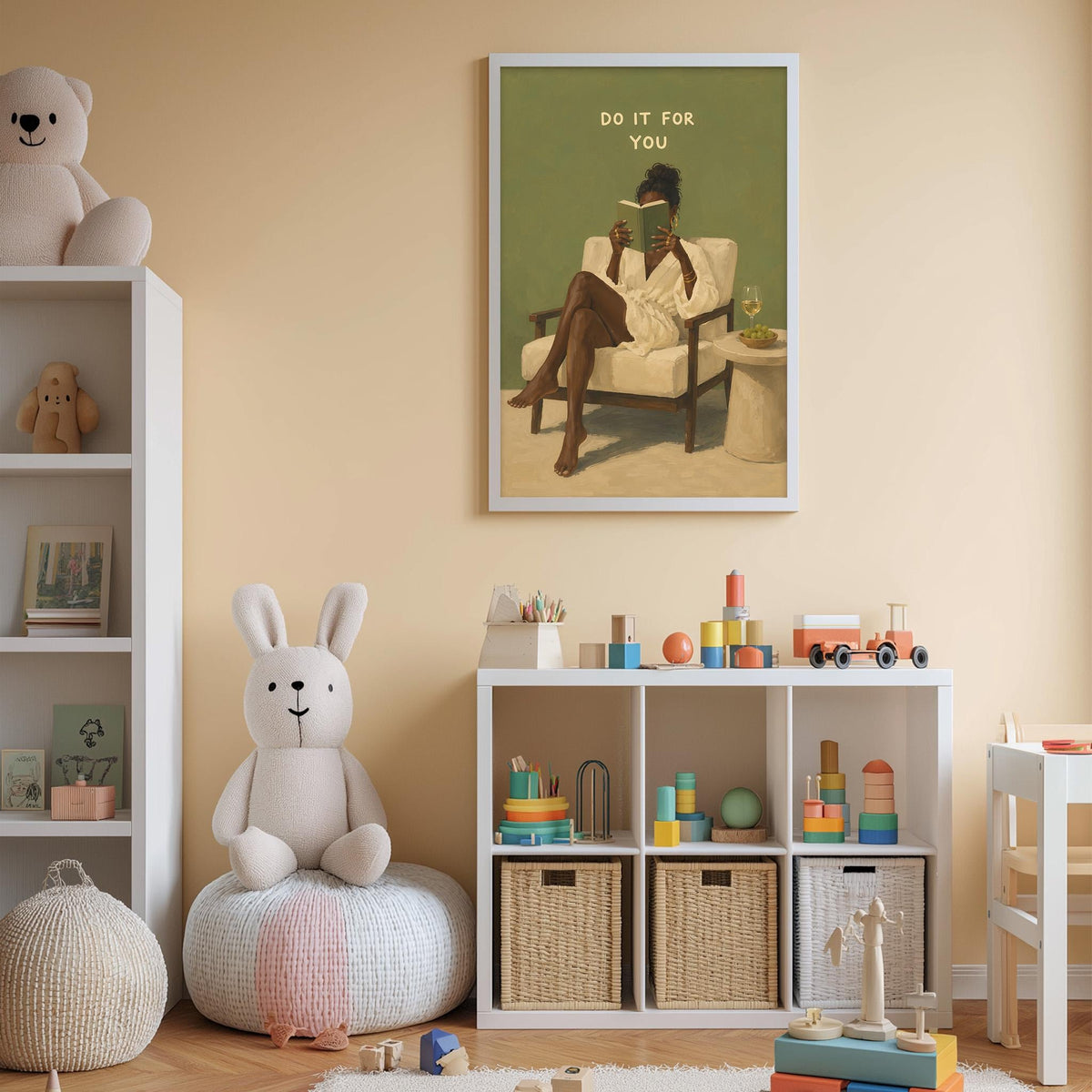 a cozy and well-organized child's bedroom, featuring a bookshelf filled with toys, a plush rabbit, and a framed poster with a woman reading a book.