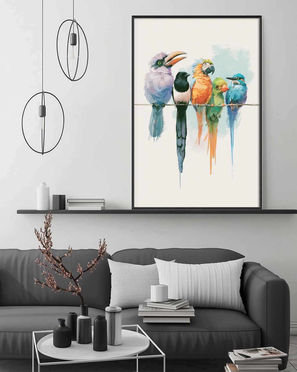 a modern living room with a gray sofa, a coffee table, and a large framed painting of colorful birds perched on a wire.