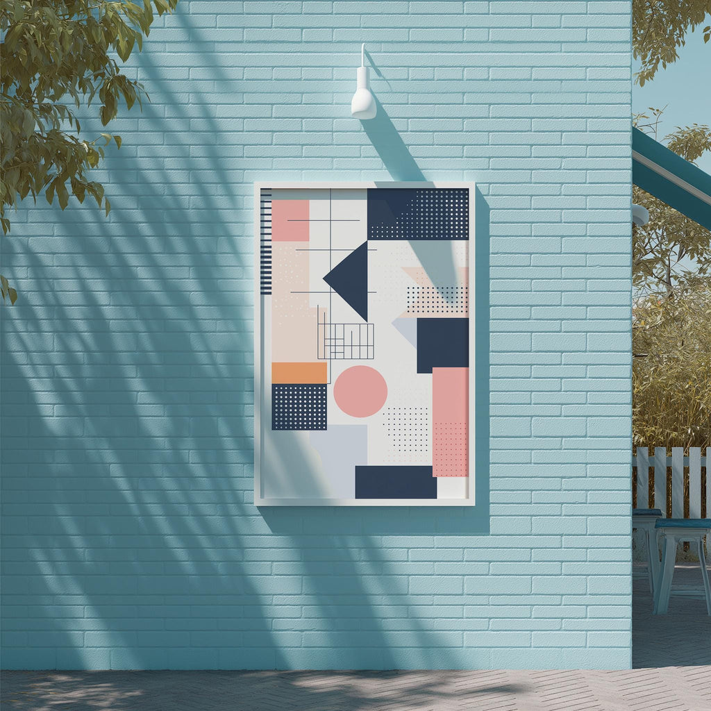 a blue brick wall with a framed abstract artwork hanging on it. The artwork consists of various geometric shapes and patterns in different colors, creating a visually striking display.