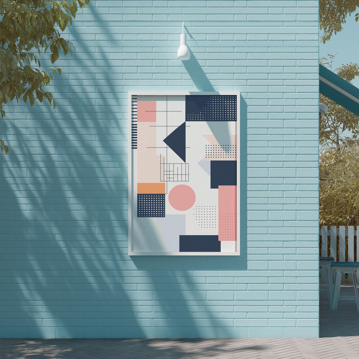 a blue brick wall with a framed abstract artwork hanging on it. The artwork consists of various geometric shapes and patterns in different colors, creating a visually striking display.