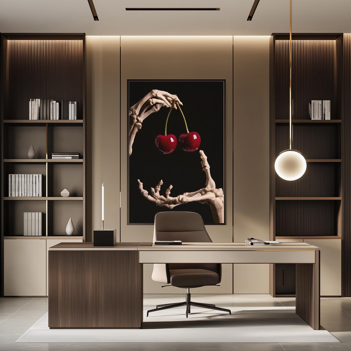 a modern and minimalist office space with a large framed artwork of a skeleton hand holding cherries as a focal point. The office has a wooden desk, a comfortable-looking chair, and a bookshelf filled with books. The overall design and decor create a clean and sophisticated atmosphere.