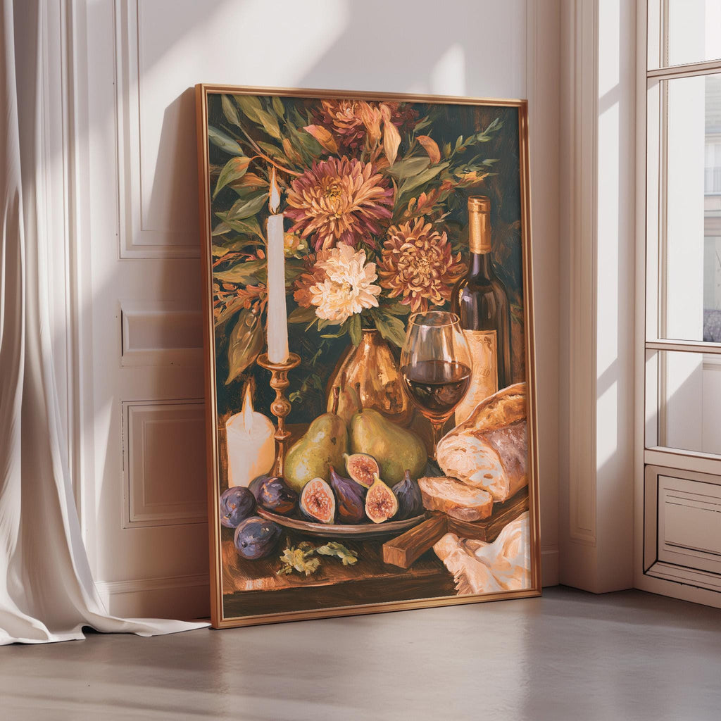 A framed painting depicting a still life arrangement of various fruits, flowers, and a bottle of wine on a table.