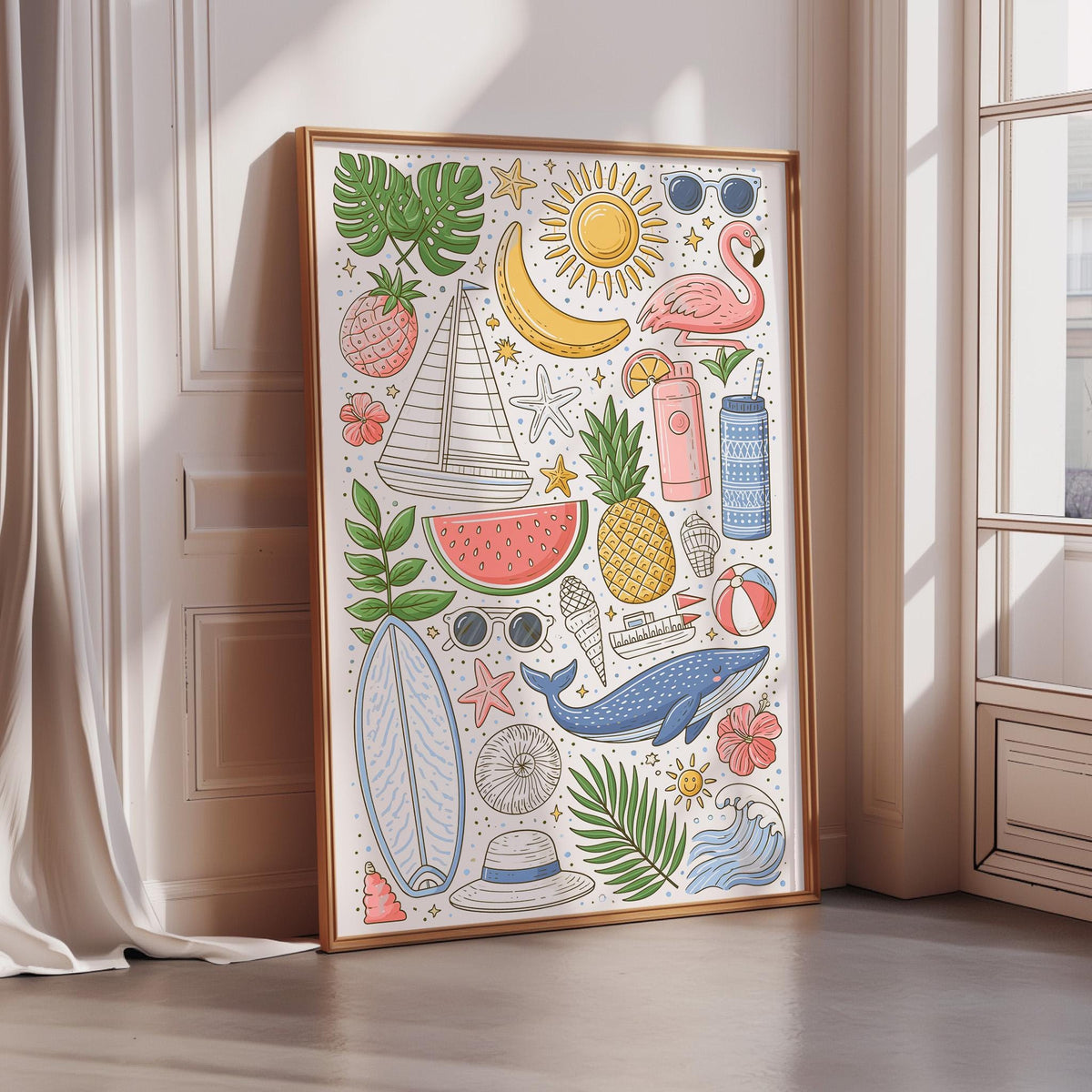 a vibrant and colorful illustration of various summer-themed objects, including a sailboat, watermelon, pineapple, sunglasses, and a flamingo, all set against a white background.