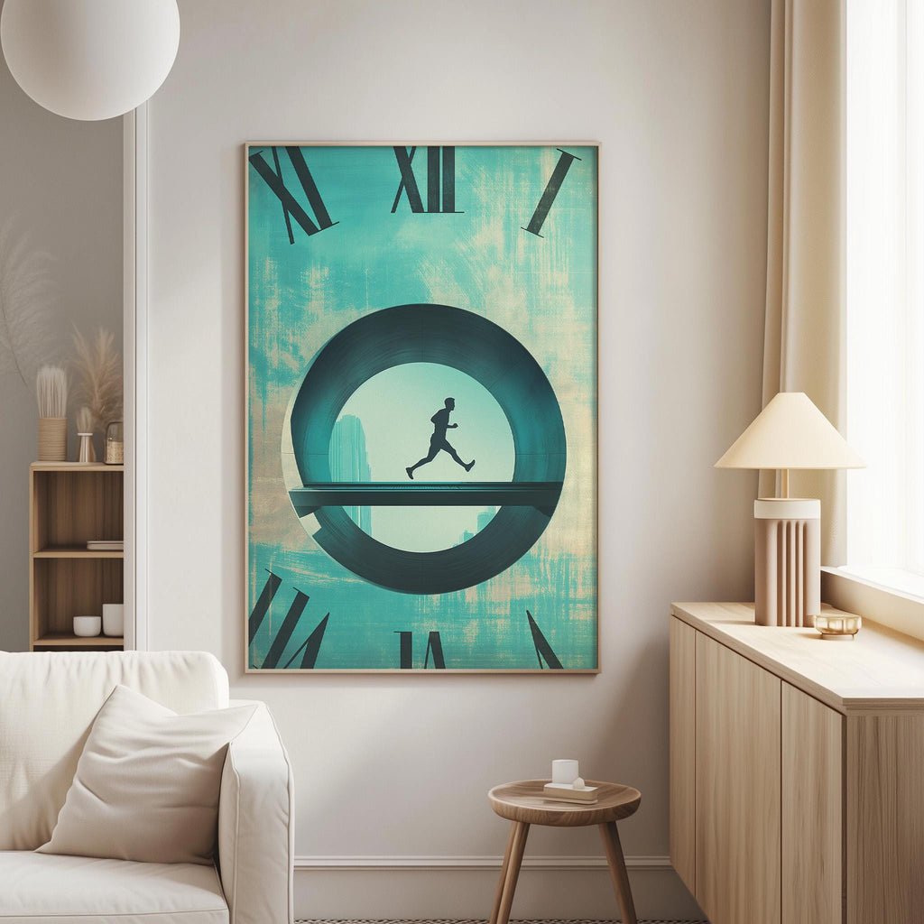a large clock with Roman numerals on the wall, and a silhouette of a person running in front of the clock.