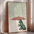 a green horse sitting under a red umbrella, with rain falling around it.