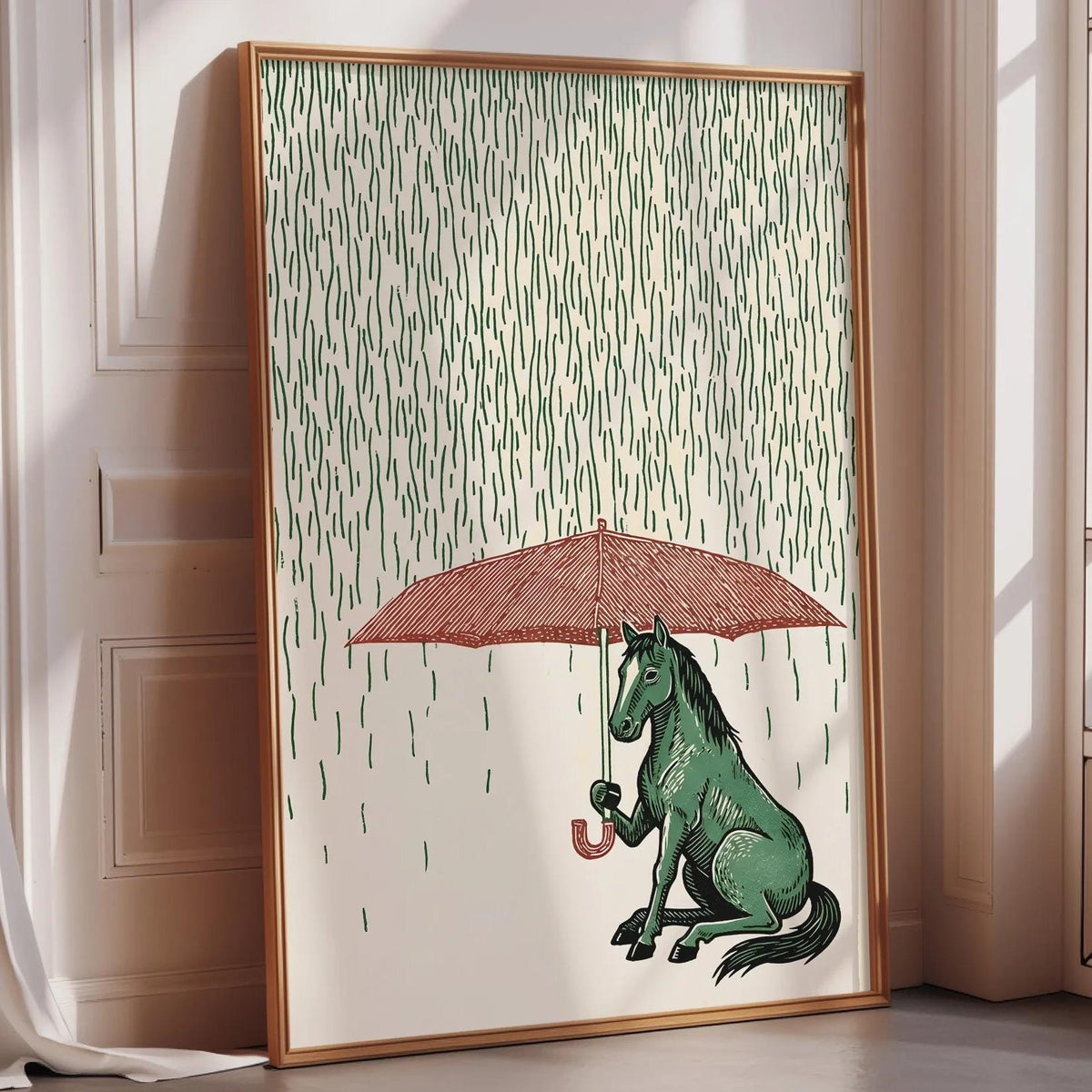 a green horse sitting under a red umbrella, with rain falling around it.