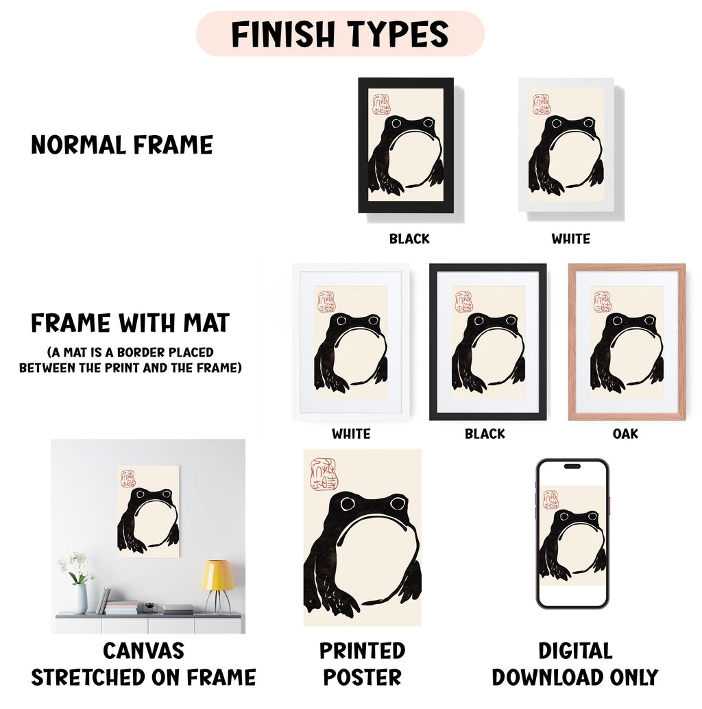 various framed artworks featuring a frog illustration, including different frame colors and styles.