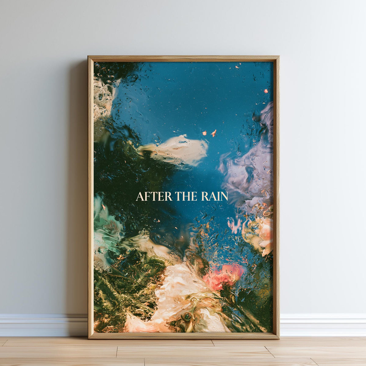 The image is a framed poster with a vibrant abstract painting depicting a colorful underwater scene.