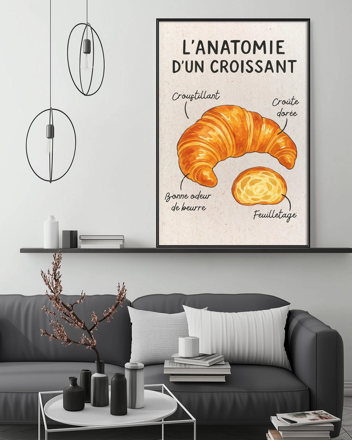 a poster of a croissant on the wall, with a black and white color scheme and a minimalist design.