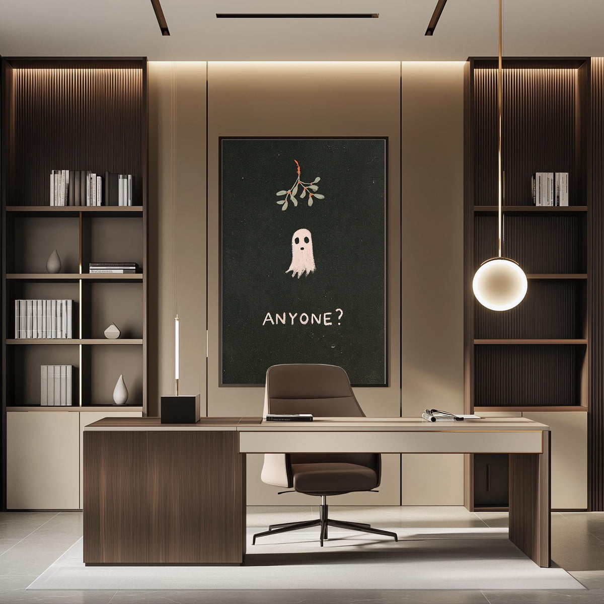 a modern office space with a desk, chair, and bookshelves. There is a large poster or artwork on the wall with a ghost and the text "ANYONE?"