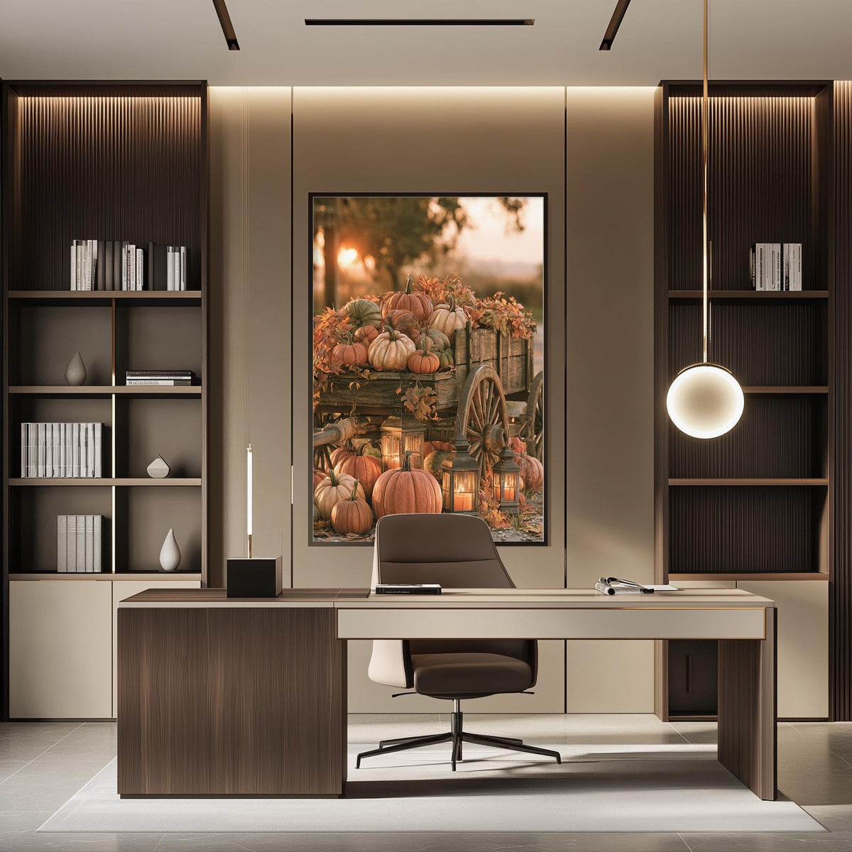 a modern office space with a large framed picture of pumpkins and a wagon on the wall, creating a warm and autumnal atmosphere.