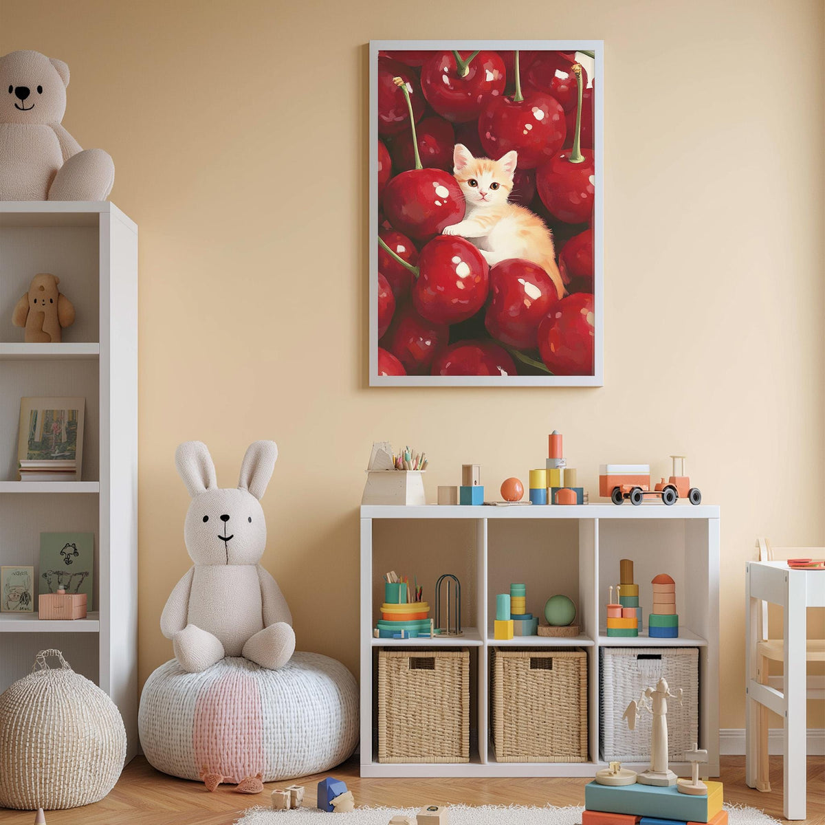 A cozy children's room with a white rabbit sitting on a bean bag chair, surrounded by toys and a shelf filled with books and toys. A framed picture of a cat sitting among cherries is displayed on the wall above the shelf.