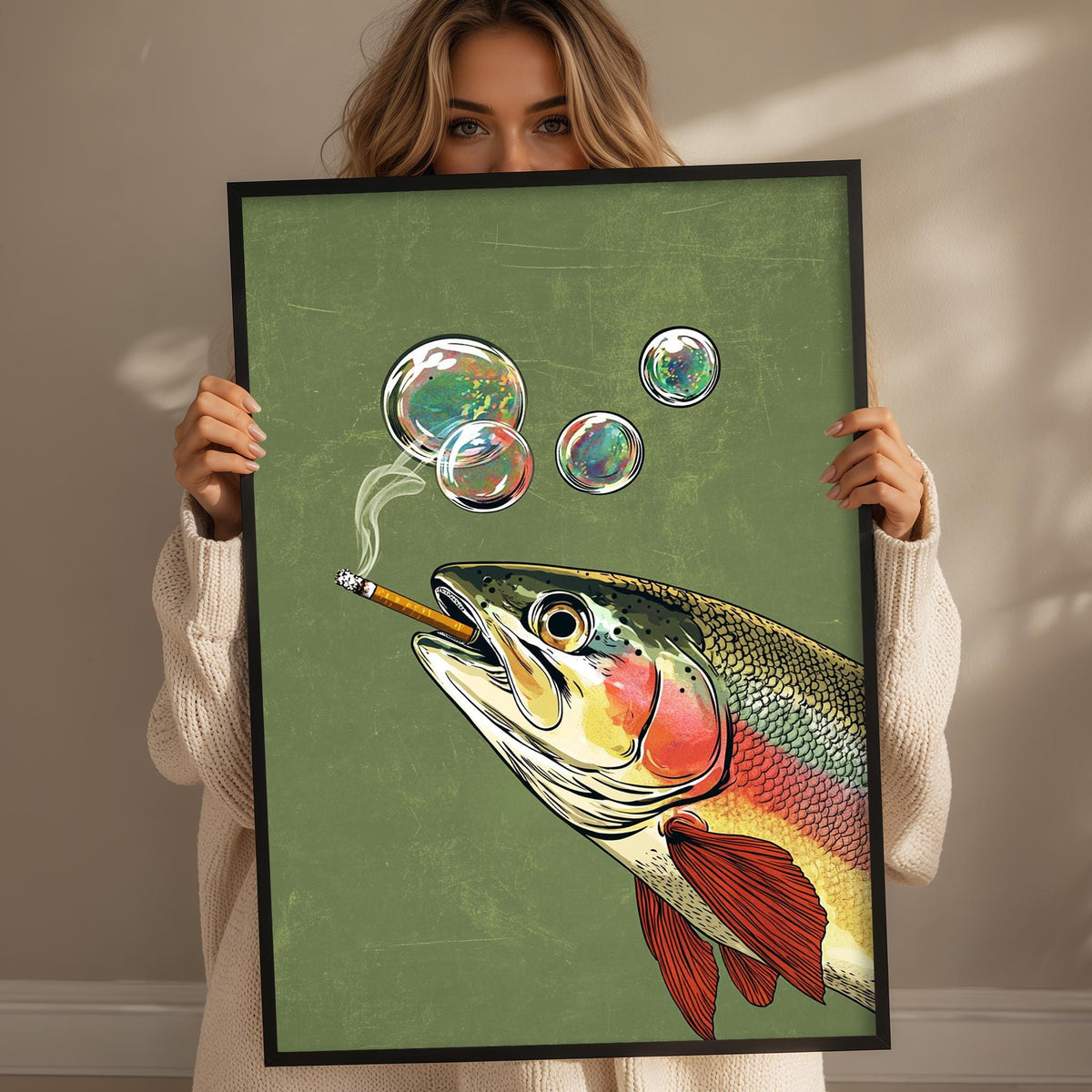 A woman holds up a framed print featuring a colorful illustration of a fish with bubbles surrounding it.