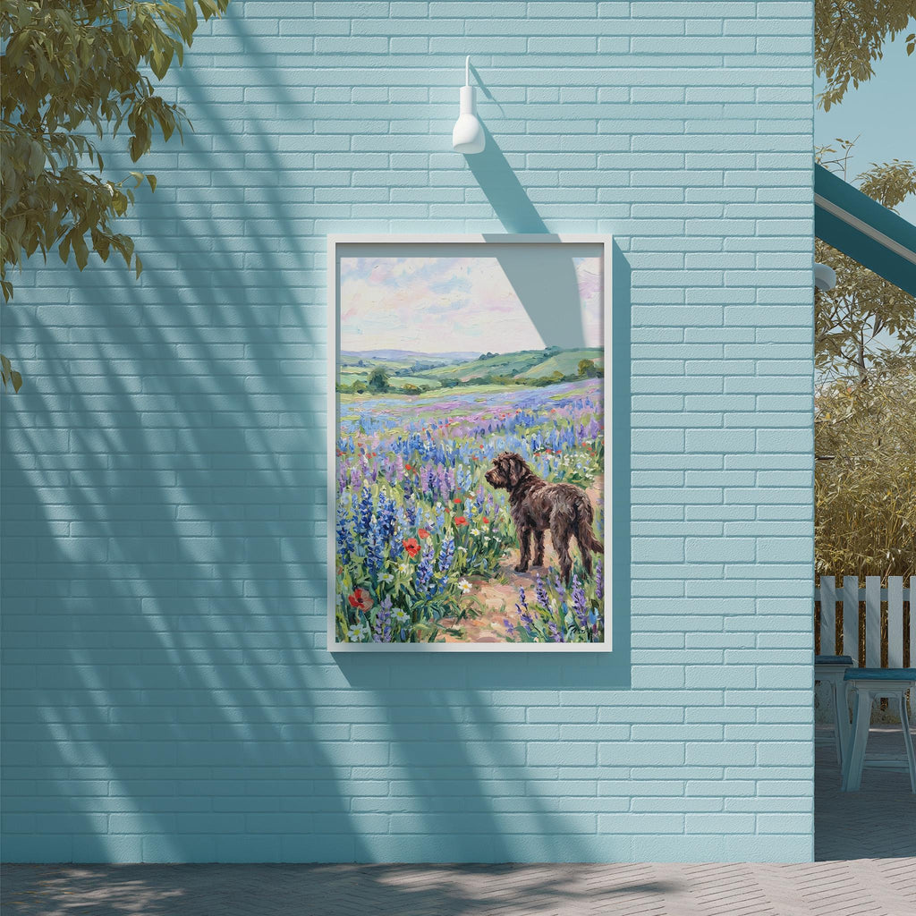 A framed painting of a dog standing in a field of colorful flowers is displayed on a blue brick wall.
