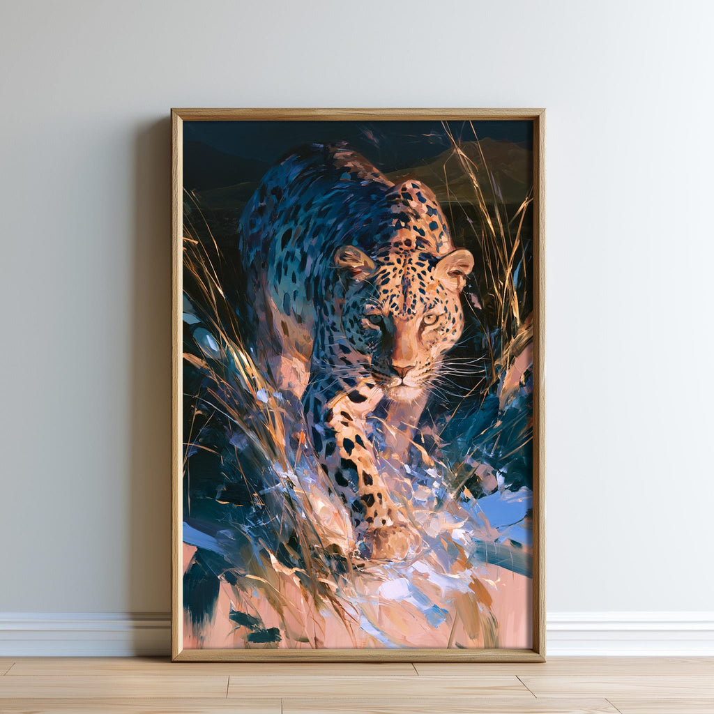 A framed painting depicting a leopard walking through tall grass.