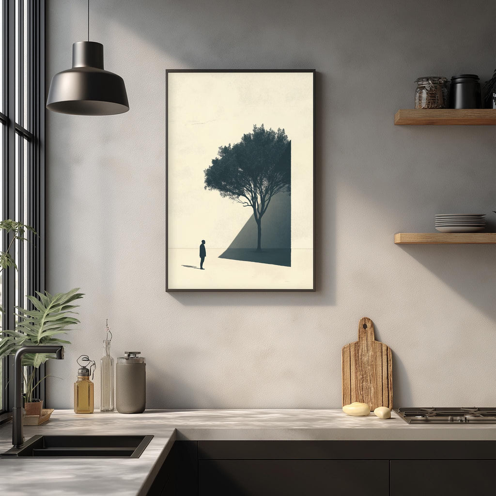 a minimalist kitchen scene with a framed artwork of a tree on the wall, a wooden cutting board, and various kitchen items such as a sink, a vase, and a bottle.