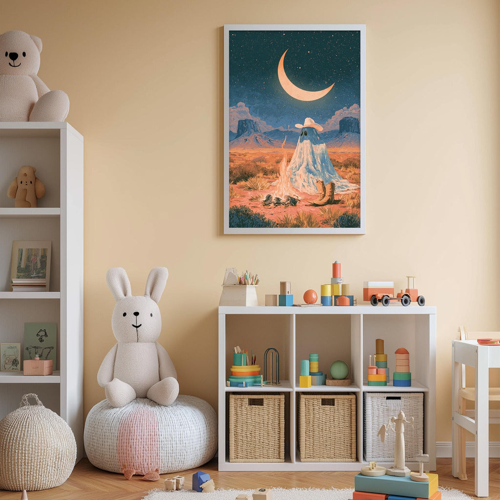 A cozy children's bedroom with a large stuffed bunny, a bookshelf, and a colorful toy box filled with various toys. A framed poster of a crescent moon and mountains is displayed on the wall above the toy box.