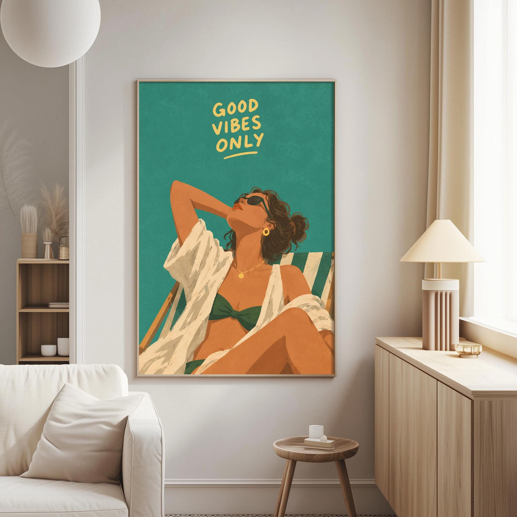 a poster of a woman in a bikini, with the text "GOOD VIBES ONLY" written above her.