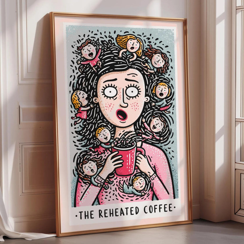 The image is a framed illustration depicting a woman with a surprised expression, surrounded by a group of people, with the text "The Reheated Coffee" below the illustration.