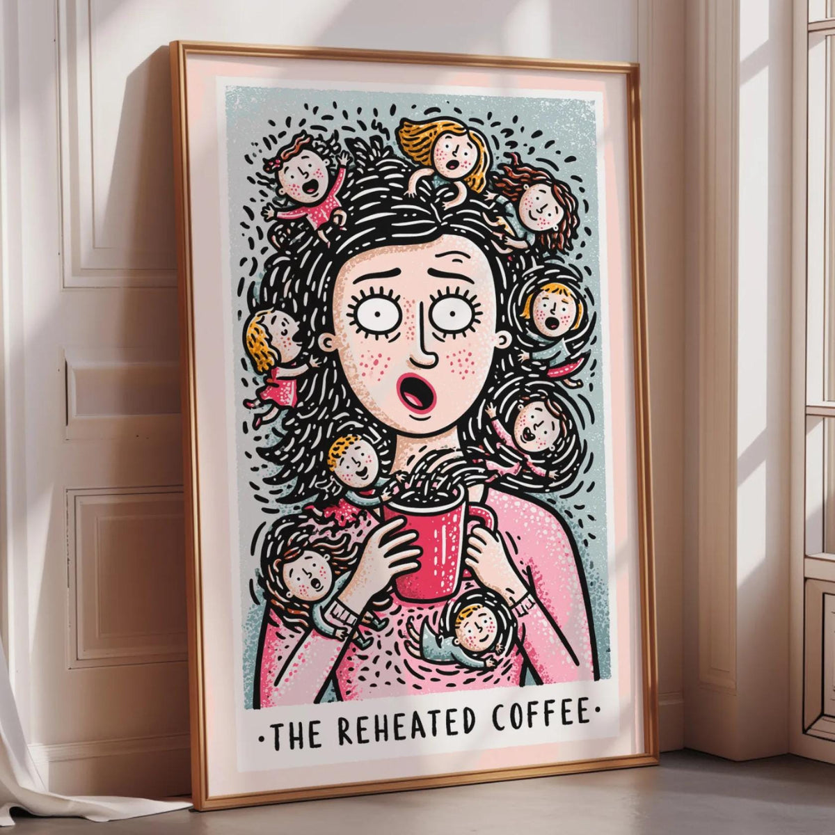 The image is a framed illustration depicting a woman with a surprised expression, surrounded by a group of people, with the text "The Reheated Coffee" below the illustration.