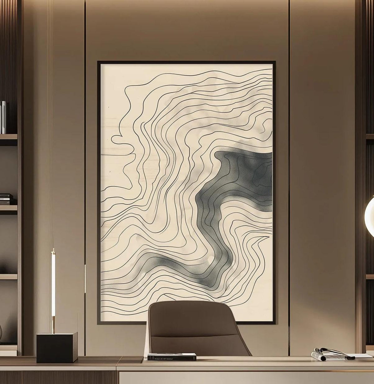 a modern and minimalist office space with a large wooden desk, a comfortable-looking chair, and a striking abstract artwork on the wall.
