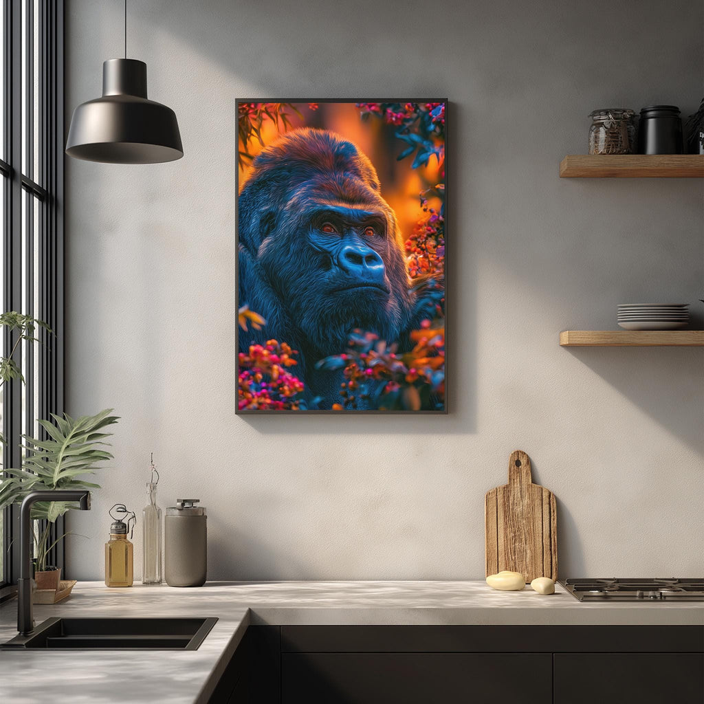 a large, colorful painting of a gorilla hanging on a wall in a kitchen setting.