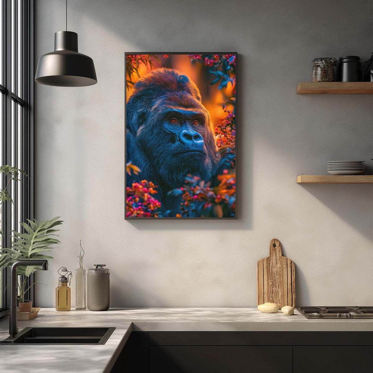 a large, colorful painting of a gorilla hanging on a wall in a kitchen setting.