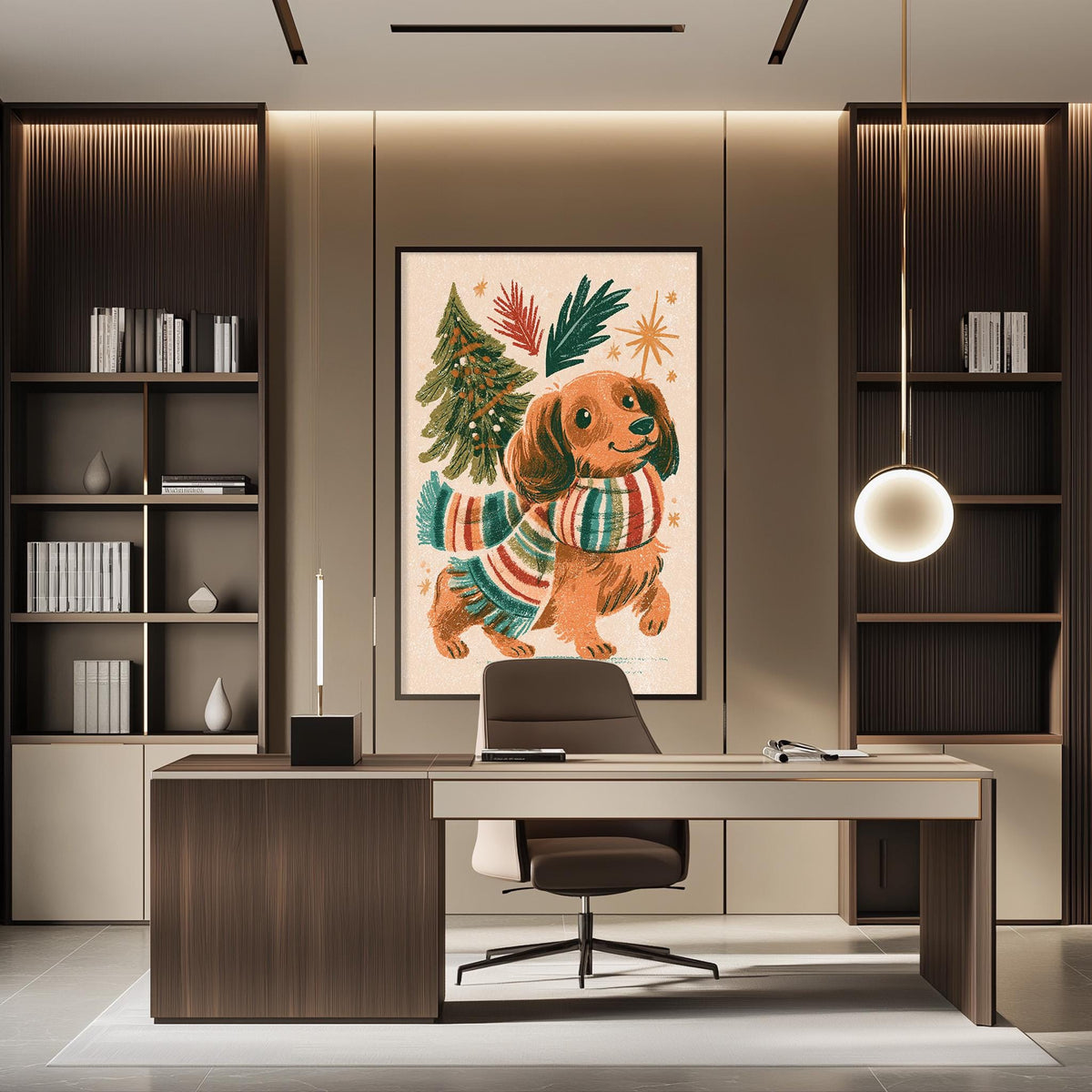 a modern office space with a large, colorful painting of a dog on the wall. The office has a wooden desk, a chair, and a bookshelf filled with books. The overall design and decor create a warm and inviting atmosphere.