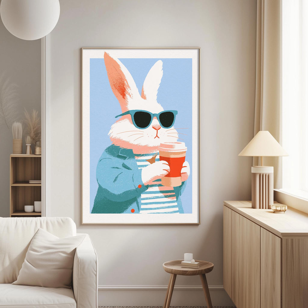 a large, colorful painting of a rabbit wearing sunglasses and holding a drink, hanging on a wall in a living room setting.