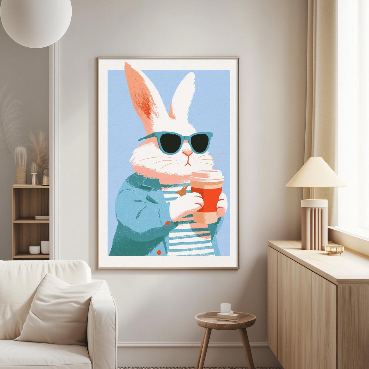 a large, colorful painting of a rabbit wearing sunglasses and holding a drink, hanging on a wall in a living room setting.