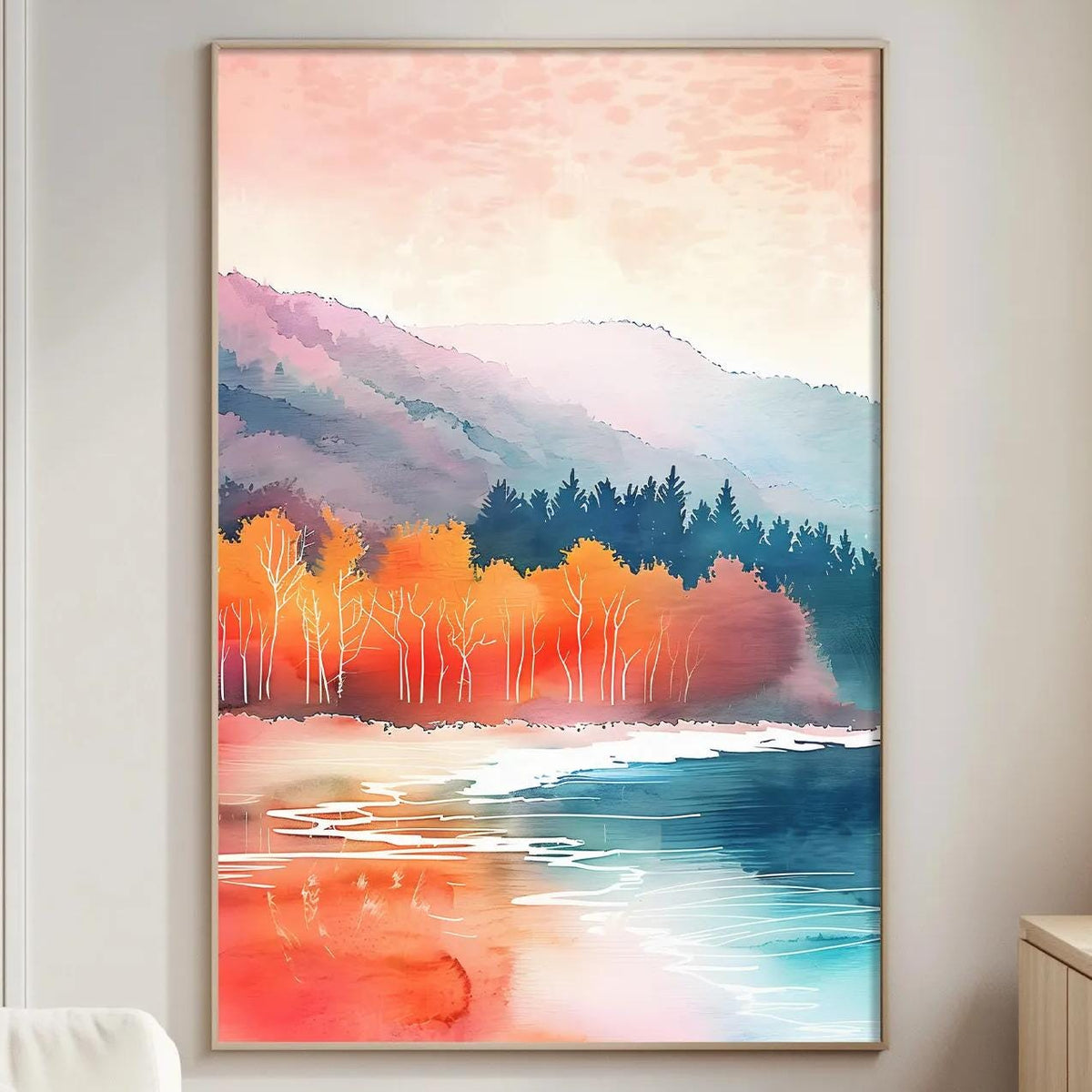 a large, colorful painting of a landscape with mountains, trees, and a body of water, hanging on a wall in a living room.