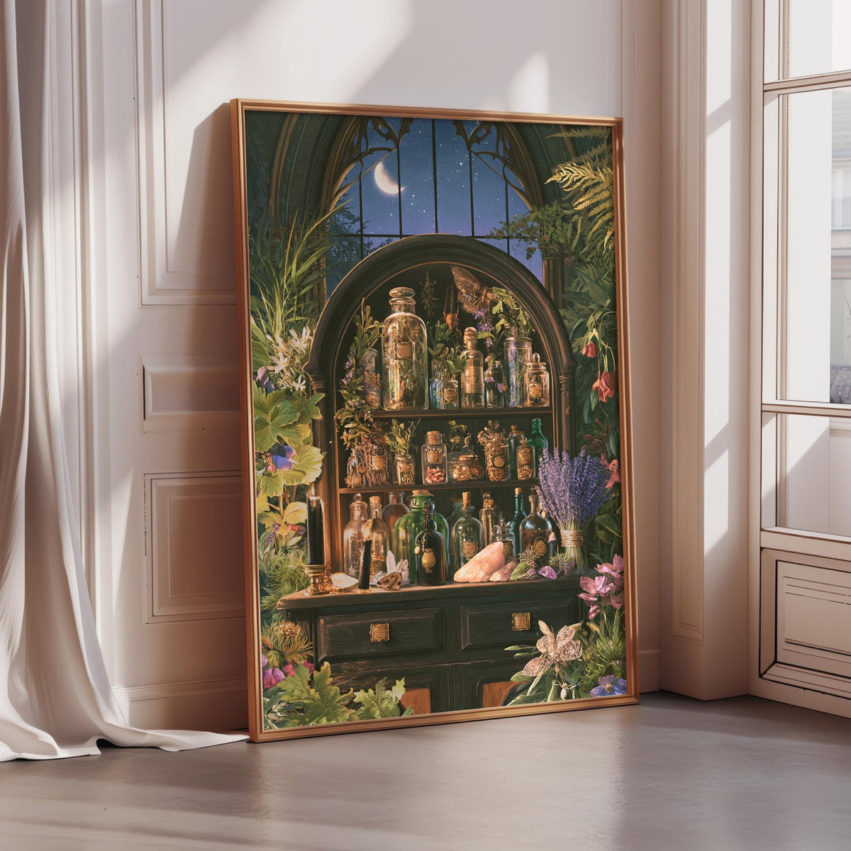 The image is a large framed painting depicting a scene with a window, shelves filled with various bottles, and a crescent moon visible in the night sky.