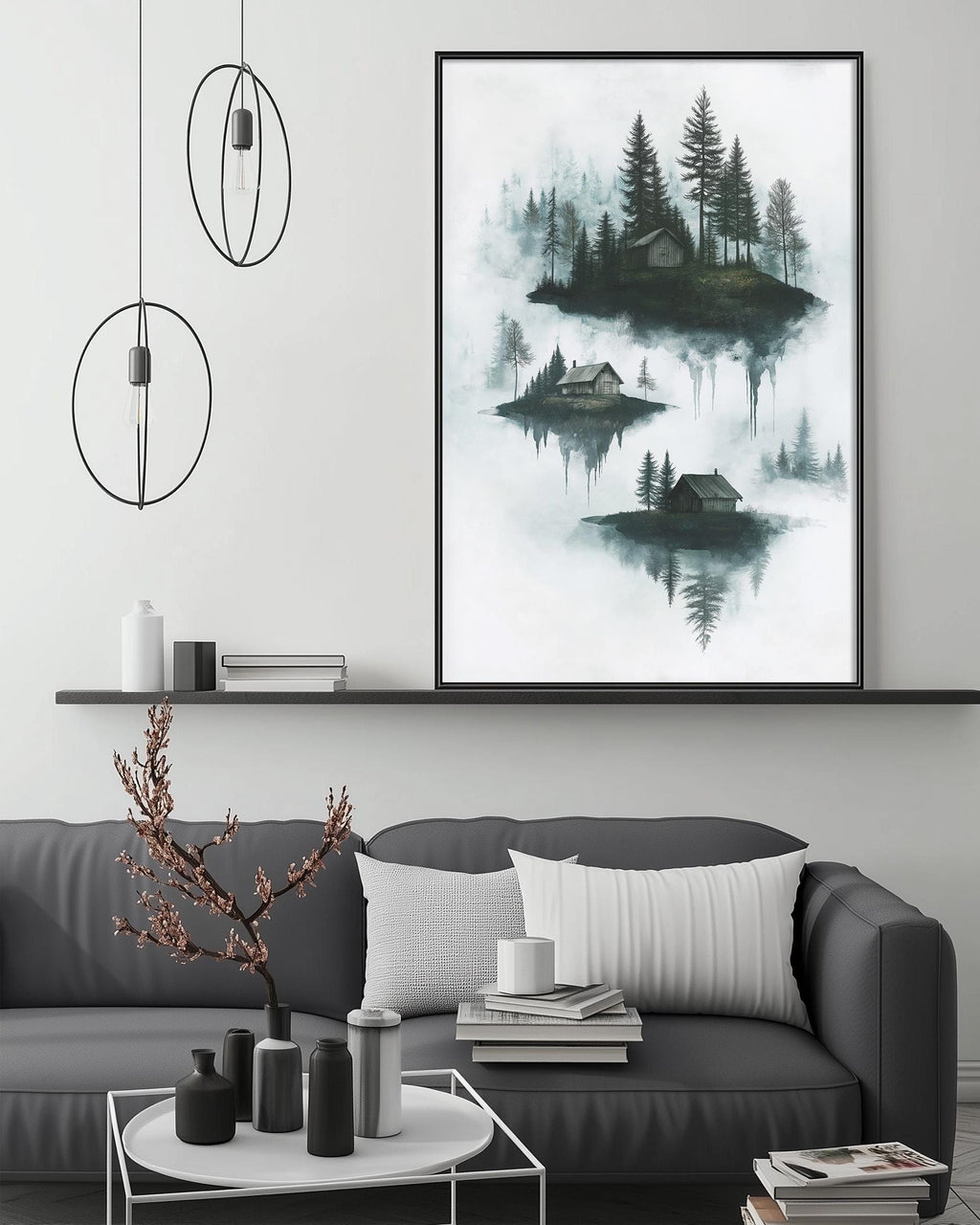 a modern living room with a gray sofa, a coffee table, and a large framed landscape painting depicting a serene forest scene with a small island in the center.
