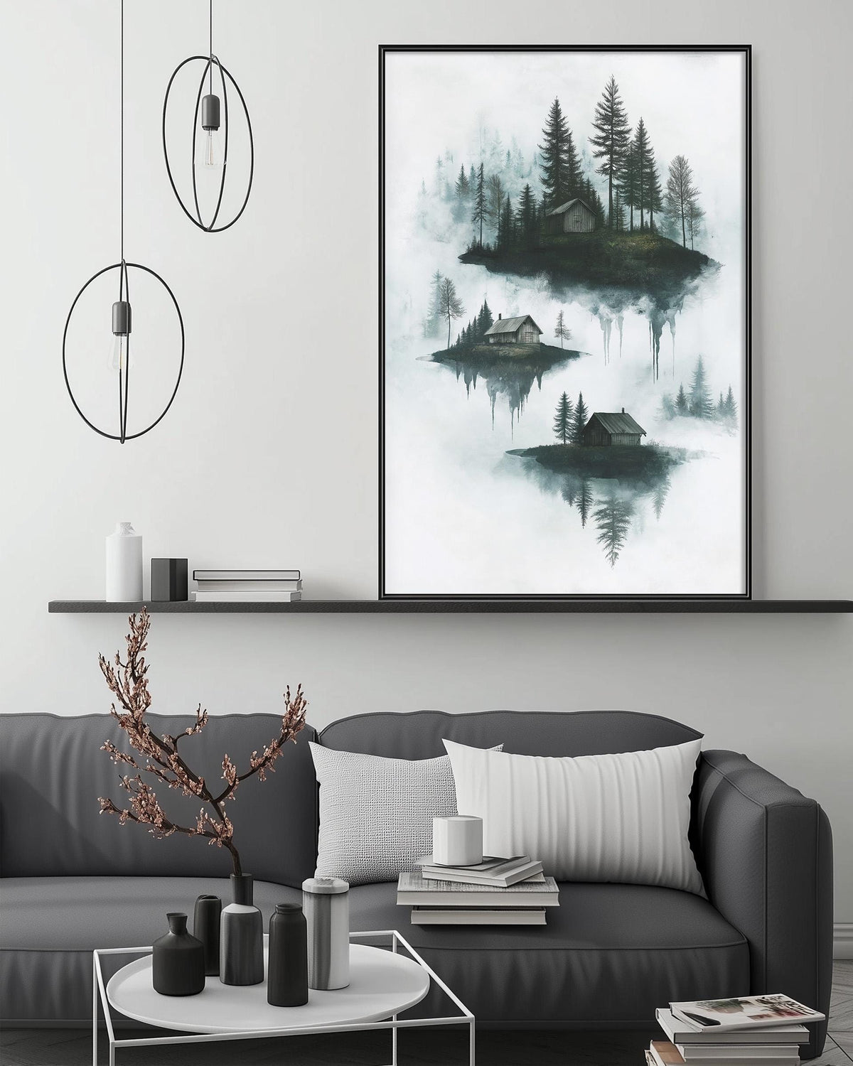 a modern living room with a gray sofa, a coffee table, and a large framed landscape painting depicting a serene forest scene with a small island in the center.