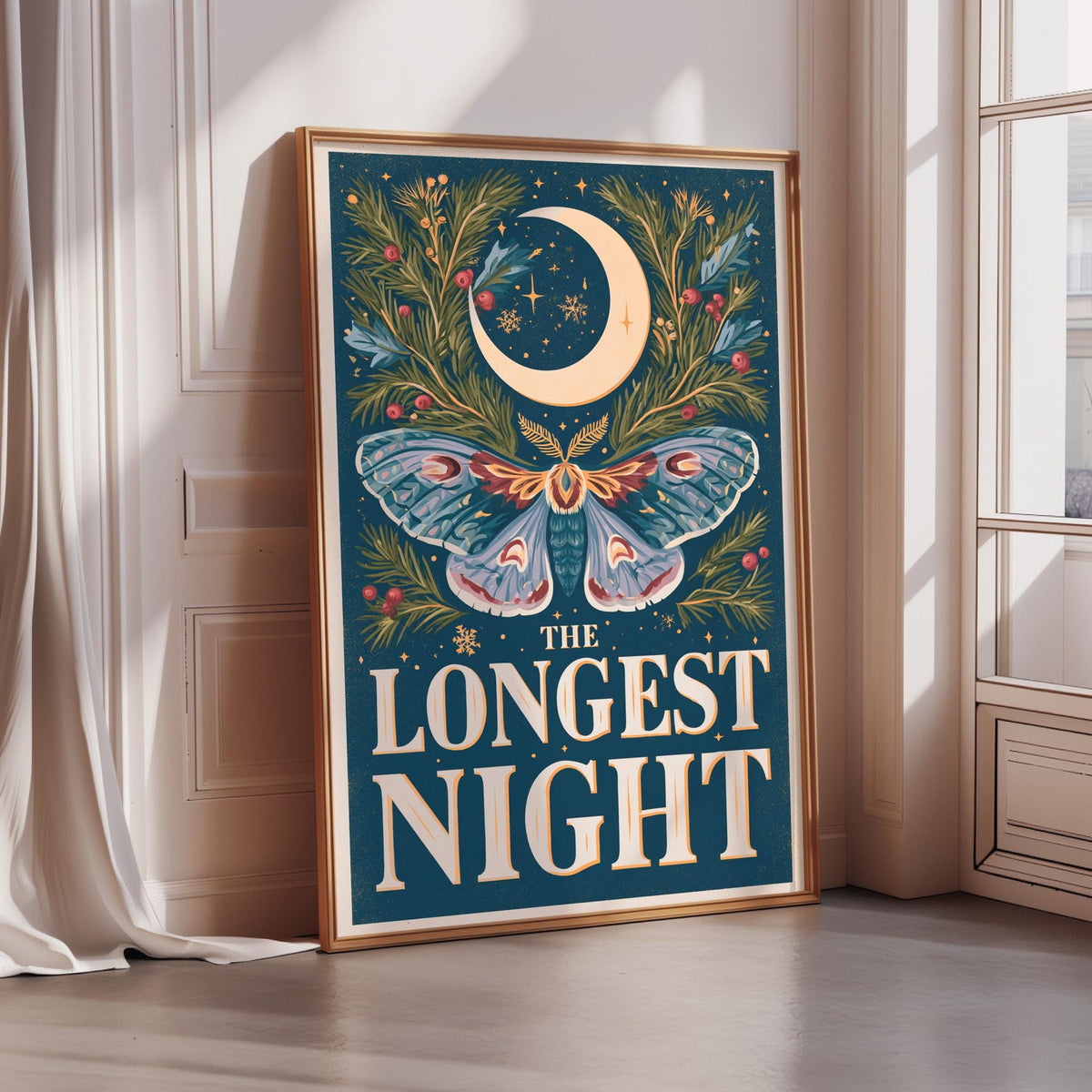 a framed poster with a large, colorful butterfly design and a crescent moon, along with the text "The LONESTIGHT NIGHT" prominently displayed.