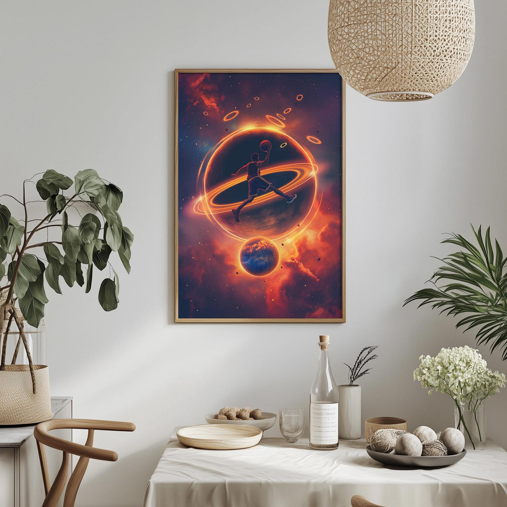 a vibrant, cosmic-themed painting hanging on a wall, depicting a person in a space suit and a planet with rings. The painting is surrounded by various decorative elements, including potted plants, a table with dishes, and a hanging light fixture.