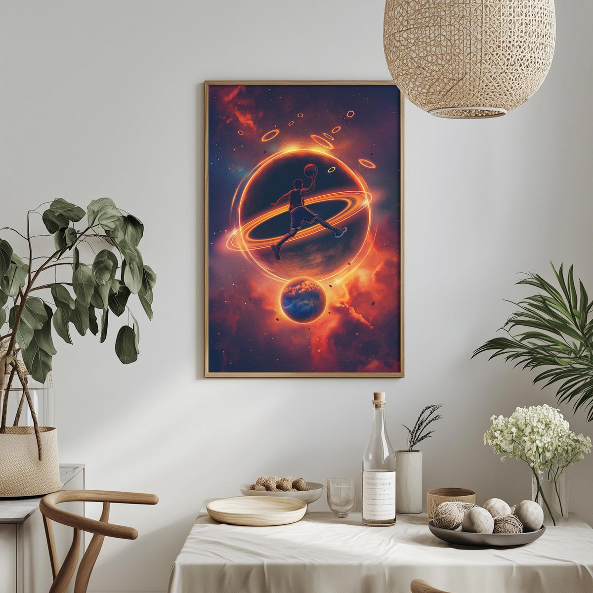 a vibrant, cosmic-themed painting hanging on a wall, depicting a person in a space suit and a planet with rings. The painting is surrounded by various decorative elements, including potted plants, a table with dishes, and a hanging light fixture.
