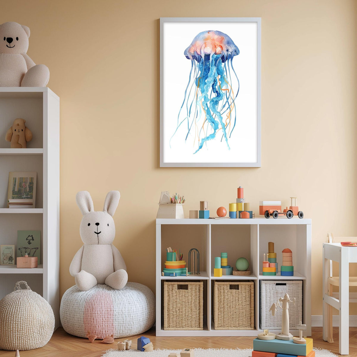 A child's bedroom with a white bookshelf, a stuffed rabbit, a toy train, and a framed watercolor painting of a jellyfish on the wall.