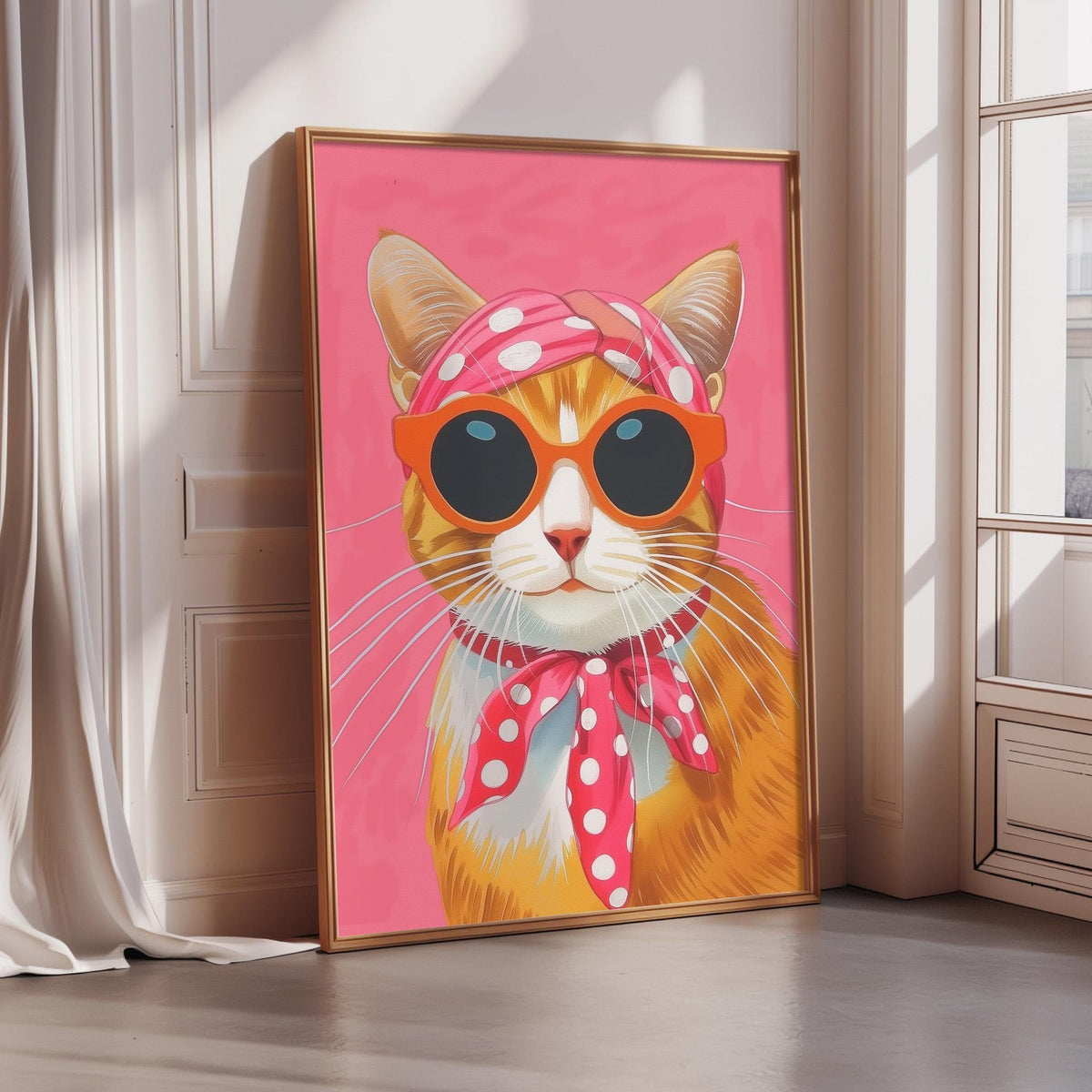 A framed illustration of a cat wearing sunglasses and a pink polka dot scarf is displayed on a wall.