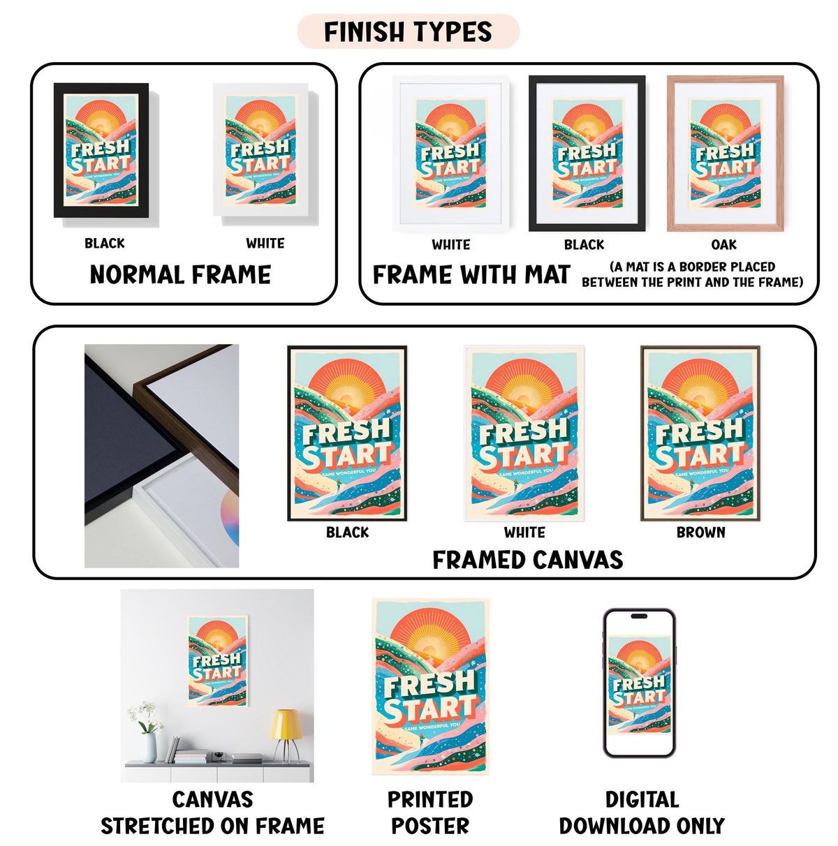various images of framed artworks, including different finish types and frame styles. It also includes images of printed posters and digital downloads.