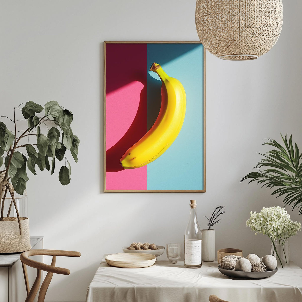 a dining table with a bowl of fruit, a bottle, and a plant, along with a framed picture of a banana hanging on the wall.