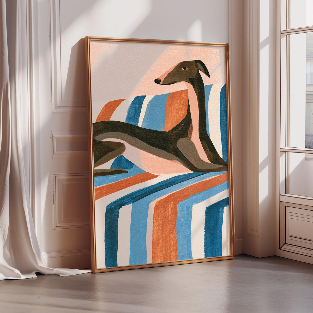 a large abstract painting of a dog sitting on a colorful striped couch.