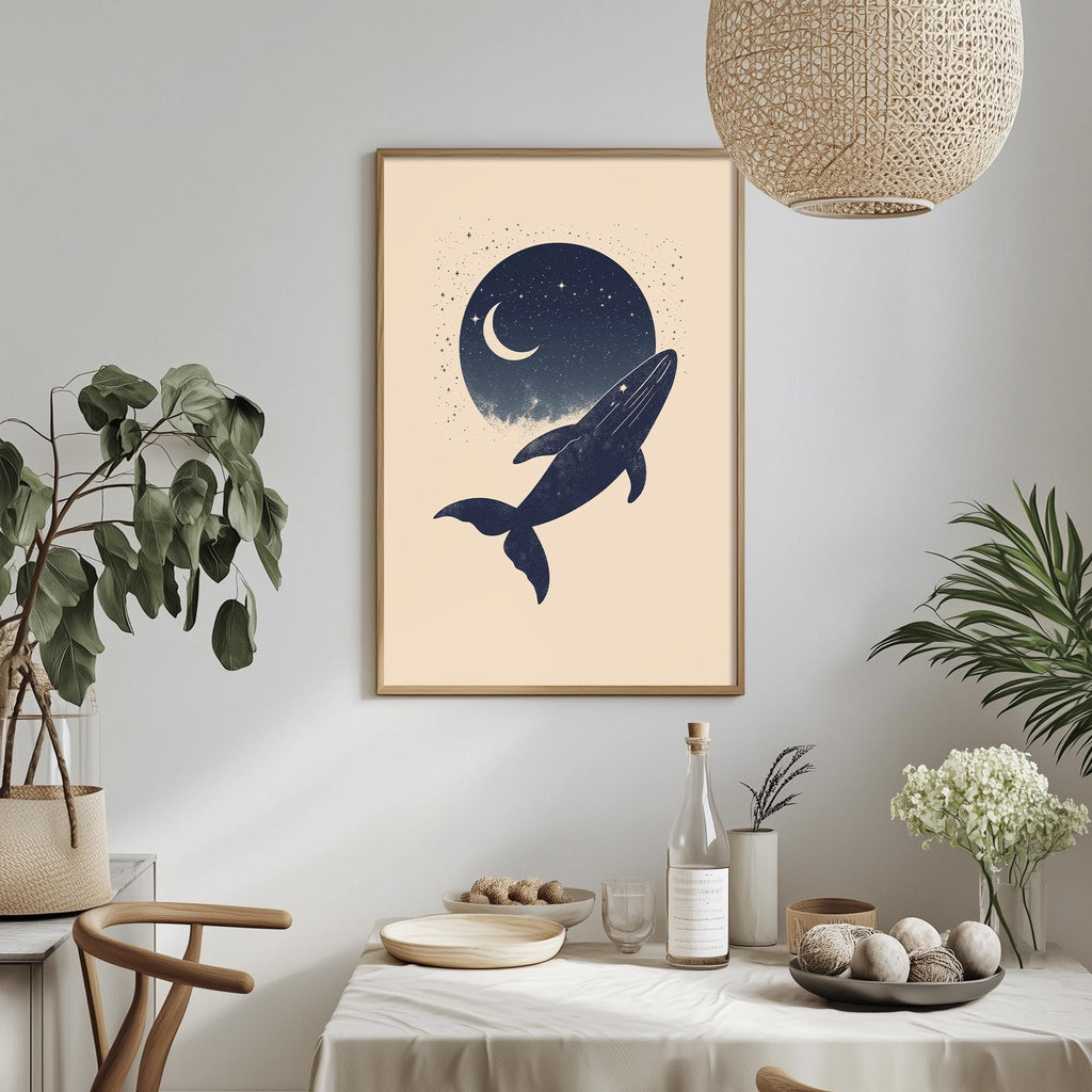 a dining table with a white tablecloth, a bowl of fruit, a bottle, and a vase with flowers. Above the table, there is a framed picture of a whale with a crescent moon and stars in the background.